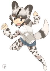 Rule 34 | &gt;:o, 10s, 1girl, :o, african wild dog (kemono friends), african wild dog print, animal ears, black hair, black ribbon, blonde hair, boots, brown eyes, brown hair, clenched hand, denim, denim shorts, dog ears, dog tail, dot nose, fang, fingernails, footwear ribbon, full body, gradient hair, hands up, jumping, kemono friends, layered sleeves, leg lift, long sleeves, looking at viewer, multicolored hair, neck ribbon, open hand, open mouth, pantyhose, pantyhose under shorts, ribbon, satsuyo, shirt, short hair, short over long sleeves, short shorts, short sleeves, shorts, sidelocks, signature, simple background, solo, tail, tsurime, v-shaped eyebrows, white background, white footwear, white shirt
