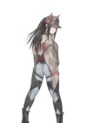 Rule 34 | 1girl, absurdres, artist request, ass, blush, boots, brown eyes, brown hair, camouflage, capelet, expressionless, fingerless gloves, from behind, gloves, hat, highres, kai schren, long hair, looking at viewer, military, military uniform, pants, ponytail, senjou no valkyria (series), senjou no valkyria 4, shiny clothes, solo, uniform