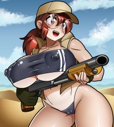 Rule 34 | 1girl, ass, breasts, brown eyes, brown hair, chacrawarrior, cowboy shot, fio germi, glasses, gris swimsuit, gun, hat, highres, holding, holding gun, holding weapon, large breasts, looking away, meme attire, metal slug, military hat, nipples, outdoors, ponytail, pussy, simple background, solo, uncensored, vest, weapon