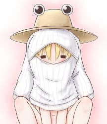 Rule 34 | 1girl, = =, blonde hair, bottomless, cleavage cutout, clothing cutout, closed eyes, hat, long sleeves, meme attire, mofu mofu, moriya suwako, naked sweater, navel, open-chest sweater, out-of-frame censoring, ribbed sweater, solo, spread legs, squatting, sweater, touhou, v arms, wardrobe error, you&#039;re doing it wrong