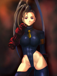 Rule 34 | 1girl, adapted costume, antenna hair, armband, bad end, blue thighhighs, breasts, cammy white, cammy white (cosplay), contrapposto, corruption, cosplay, detached leggings, fingerless gloves, garrison cap, gloves, hair slicked back, hat, high ponytail, highres, ibuki (street fighter), large breasts, leotard, no panties, ribbed leotard, ryourou (edexigerero), skin tight, solo, standing, street fighter, thighhighs, thong leotard, turtleneck