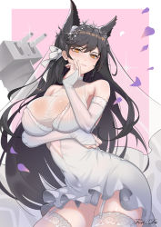 Rule 34 | 1girl, absurdres, animal ears, arm up, atago (azur lane), atago (lily-white vow) (azur lane), atago (lily-white vow) (azur lane), azur lane, bare shoulders, black hair, blush, breasts, bridal veil, brown eyes, cleavage, covered erect nipples, dress, elbow gloves, extra ears, garter straps, gloves, hair between eyes, hair ornament, hair ribbon, highres, jewelry, large breasts, long hair, looking at viewer, moonface, ornate ring, petals, ribbon, ring, smile, solo, thighhighs, turret, two-tone background, veil, wedding dress, wedding ring, white dress, white gloves, white ribbon