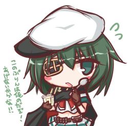 Rule 34 | 1girl, black cape, blush stickers, brown gloves, cape, commentary request, eyepatch, flying sweatdrops, food, gloves, green eyes, green hair, hair between eyes, hat, holding, holding spoon, kantai collection, kiso (kancolle), komakoma (magicaltale), looking at viewer, midriff, navel, parted lips, peaked cap, pleated skirt, pudding, shirt, short sleeves, sideways hat, simple background, skirt, solo, spoon, translation request, white background, white hat, white shirt, white skirt