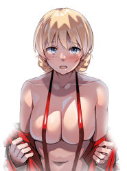 Rule 34 | 1girl, ayakumo, blonde hair, blue eyes, braid, breasts, cleavage, darjeeling (girls und panzer), girls und panzer, jacket, large breasts, one-piece swimsuit, open clothes, open mouth, red jacket, red one-piece swimsuit, short hair, slingshot swimsuit, solo, swimsuit, twin braids, white background