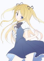 Rule 34 | 1girl, black bow, black ribbon, blonde hair, blue background, blue dress, blue eyes, blush, bow, dress, fingernails, hair ribbon, hands up, head tilt, looking at viewer, looking to the side, original, parted lips, pleated dress, puffy short sleeves, puffy sleeves, ribbon, short sleeves, simple background, solo, suzume anko, two side up