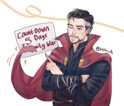 Rule 34 | 1boy, akira yoru, artist name, avengers: infinity war, avengers (series), belt, black eyes, black hair, blue shirt, brown belt, cloak, closed mouth, commentary, crossed arms, doctor strange, english commentary, english text, facial hair, grey hair, long sleeves, looking to the side, male focus, mandarin collar, marvel, marvel cinematic universe, multicolored hair, one eye closed, pointing, red cloak, shirt, short hair, simple background, smile, solo, sparkle, standing, two-tone hair, white background