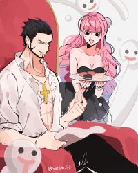 Rule 34 | 1boy, 1girl, archived source, bad id, bad twitter id, beard, black eyes, black hair, blunt bangs, chair, commentary request, cross pendant, dracule mihawk, dress, drill hair, facial hair, food, frilled dress, frilled shirt, frills, ghost, holding, holding plate, joman, korean commentary, long hair, looking at food, macaron, one piece, perona, pink hair, plate, shirt, short hair, simple background, sitting, smile, strapless, strapless dress, white background, yellow eyes