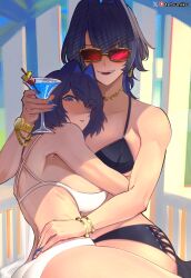 2girls bikini black_bikini blue_eyes blue_hair blue_nails blush breasts cocktail_glass colored_inner_hair commentary cup doppelganger drinking_glass dual_persona english_commentary hair_intakes highres hololive hololive_english hug jewelry large_breasts looking_at_viewer multicolored_hair multiple_girls nail_polish necklace open_mouth ouro_kronii red-tinted_eyewear short_hair smile sunglasses swimsuit tetsuniku tinted_eyewear virtual_youtuber white_bikini