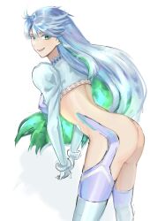 Rule 34 | 13addendum, 1girl, ass, blue hair, colored inner hair, fate/grand order, fate (series), green eyes, grey hair, highres, kukulkan (fate), kukulkan (second ascension) (fate), looking at viewer, multicolored hair, revealing clothes, simple background, solo, upper body, white background