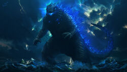 Rule 34 | absurdres, blue eyes, claws, cloud, cloudy sky, crossover, dinosaur, electricity, energy, giant, giant monster, gills, glowing, glowing eyes, glowing gills, glowing mouth, glowing spikes, godzilla, godzilla: king of the monsters, godzilla (series), godzilla vs. kong, highres, kaijuu, king kong (series), legendary pictures, lightning, looking at viewer, monster, monsterverse, night, no humans, no pupils, ocean, open mouth, overcast, sea monster, sharp teeth, sky, spikes, splashing, storm, tail, teeth, toho, tongue, victor sales, water, waves