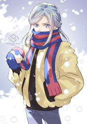 Rule 34 | 1boy, blue eyes, blue gloves, covered mouth, creatures (company), english text, game freak, gloves, grusha (pokemon), hand in pocket, highres, long hair, looking at viewer, nintendo, pokemon, pokemon sv, sazanami misa, scarf, snowing, trap, winter gloves