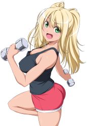 Rule 34 | 1girl, ass, bare shoulders, black shirt, blonde hair, blush, breasts, commentary request, dark-skinned female, dark skin, dolphin shorts, dumbbell, dumbbell nan kilo moteru?, exercising, eyes visible through hair, green eyes, gym shorts, highres, large breasts, long hair, looking at viewer, nori tamago, open mouth, red shorts, sakura hibiki, shirt, short shorts, shorts, sideboob, simple background, smile, solo, tank top, thighs, twintails, weightlifting, white background