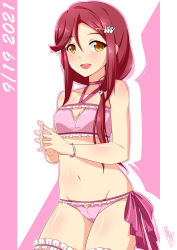 Rule 34 | 1girl, absurdres, bangs, bikini, birthday, bracelet, breasts, bunji, cleavage, collarbone, commentary, dated, hair ornament, highres, jewelry, looking at viewer, love live!, love live! sunshine!!, low ponytail, red hair, sakurauchi riko, shiny, shiny hair, shiny skin, sidelocks, signature, small breasts, solo, swimsuit, yellow eyes