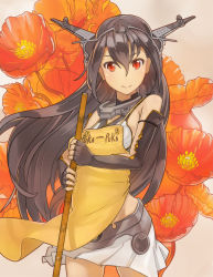 Rule 34 | 10s, 1girl, apron, bamboo broom, bare shoulders, black gloves, black hair, broom, cowboy shot, elbow gloves, floral background, flower, gloves, kantai collection, long hair, looking at viewer, nagato (kancolle), pajant, pleated skirt, puka puka, red eyes, skirt, smile, solo, white skirt