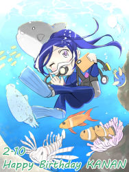 Rule 34 | 1girl, artist name, artist request, bikini, bikini top only, blue hair, blush, bodysuit, breasts, diving suit, female focus, fish, full body, highres, long hair, looking at viewer, love live!, love live! school idol festival, love live! sunshine!!, matsuura kanan, one eye closed, parted lips, ponytail, purple eyes, smile, solo, striped bikini, striped clothes, swimsuit, underwater, wetsuit, worosu121