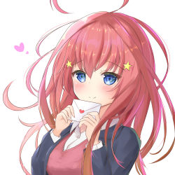 Rule 34 | 1girl, ahoge, blue eyes, blush, breasts, closed mouth, go-toubun no hanayome, hair between eyes, hair ornament, hands up, heart, highres, holding, holding letter, kirikaze ren, large breasts, letter, long hair, long sleeves, looking at viewer, love letter, nakano itsuki, red hair, shirt, simple background, smile, solo, star (symbol), star hair ornament, white background