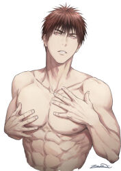 Rule 34 | 1boy, abs, kagami taiga, kuroko no basuke, looking at viewer, male focus, muscular, muscular male, nipples, pectorals, red eyes, red hair, signature, simple background, solo, topless male, upper body, white background, zawar379
