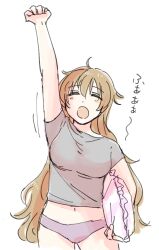 Rule 34 | 1girl, arm up, bare legs, breasts, brown hair, closed eyes, frilled pillow, frills, grey shirt, highres, holding, holding pillow, konoe kanata, large breasts, light blush, long hair, love live!, love live! nijigasaki high school idol club, midriff, motion lines, navel, open mouth, panties, pillow, purple panties, shirt, sleepy, solllolll, solo, stretching, translated, underwear, wavy hair, white background, yawning