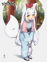 Rule 34 | 1girl, animal ears, blue kimono, blunt bangs, blurry, blurry background, blush, bow, commentary, commission, fang, film grain, fox ears, fox tail, full body, hair bow, hair ornament, highres, holding, japanese clothes, kimono, kuro kosyou, long hair, long sleeves, looking at viewer, open mouth, original, red bow, sandals, shadow, skeb commission, skin fang, smile, socks, solo, standing, tail, very long hair, white background, white hair, white tail, yellow eyes, yukata, zouri