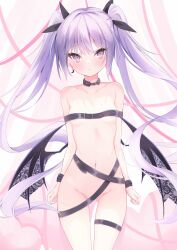 Rule 34 | 1girl, armlet, belt bra, black choker, borrowed character, breasts, choker, colored skin, crescent, crescent earrings, crescent moon, cuffs, demon girl, demon wings, earrings, eve (rurudo), hair ribbon, highres, jewelry, moon, navel, original, pink background, purple eyes, purple hair, ribbon, single earring, small breasts, solo, strap, twintails, white skin, wings, yunominomi
