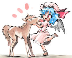 Rule 34 | 1girl, ;d, bat wings, dress, fang, female focus, happy, hat, hat ribbon, headpat, highres, horse, licking, licking another&#039;s face, one eye closed, open mouth, pink dress, pony (animal), puffy sleeves, pun, red eyes, remilia scarlet, ribbon, shinapuu, short sleeves, simple background, smile, standing, standing on one leg, tongue, touhou, white background, wings, wink