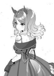 Rule 34 | 1girl, animal ears, clothing cutout, commentary request, dress, duplicate, from behind, gloves, greyscale, horse ears, horse girl, horse tail, king halo (umamusume), koruri, long hair, looking away, looking to the side, monochrome, off-shoulder dress, off shoulder, pixel-perfect duplicate, simple background, solo, swept bangs, tail, tail through clothes, twitter username, umamusume, wavy hair, white background