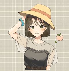Rule 34 | belt, blouse, blue wristband, blush, bob cut, brown background, brown hair, brown hat, closed mouth, food, fruit, green eyes, grey shirt, grid background, hand on own head, hand up, hat, highres, leaf, looking at viewer, mole, mole under eye, original, peach, see-through, see-through sleeves, shirt, short hair, short sleeves, smile, solo, sun hat, upper body, wandu mook, wristband