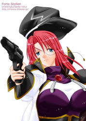 Rule 34 | 00s, 1girl, blue eyes, breasts, character name, forte stollen, galaxy angel, gun, handgun, large breasts, monocle, red hair, revolver, solo, watermark, weapon, web address