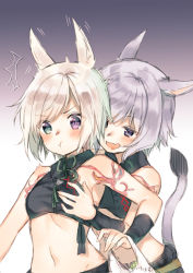 Rule 34 | 2girls, :d, :t, ^^^, animal ears, arm tattoo, bag, bare shoulders, black shirt, blush, grabbing another&#039;s breast, breasts, cat ears, cat girl, cat tail, closed mouth, commentary request, crop top, facial mark, fang, final fantasy, final fantasy xiv, grabbing, grabbing from behind, gradient background, green eyes, heterochromia, holding, holding bag, midorikawa you, miqo&#039;te, multiple girls, navel, open mouth, pout, purple background, purple eyes, purple hair, shirt, short hair, silver hair, small breasts, smile, smirk, tail, tattoo, upper body, white background, yuri