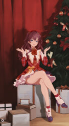 Rule 34 | 1girl, absurdres, ascot, blue eyes, bow, breasts, brown hair, christmas, christmas tree, commentary, crossed legs, dress, dress bow, english commentary, gift, hair bow, hand up, high heels, highres, ichinose shiki, idolmaster, idolmaster cinderella girls, long hair, long sleeves, looking at viewer, open hands, plaid, plaid dress, qingli ye, red ascot, red dress, shadow, short dress, sitting, sitting on object, small breasts, smile, thighs, two side up, wavy hair