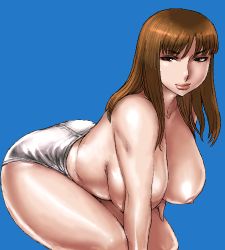 Rule 34 | 1girl, ass, bent over, blue background, breasts, brown eyes, brown hair, curvy, huge ass, large breasts, lips, long hair, lowres, matoyama, nipples, oekaki, panties, plump, solo, thick thighs, thighs, topless, underwear