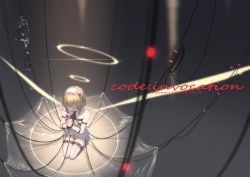 Rule 34 | 1girl, blonde hair, cable, colored eyelashes, commentary request, cyberpunk, closed eyes, from above, hairband, halo, own hands clasped, highres, intravenous drip, nule3309, original, own hands together, praying, science fiction, seiza, sitting, solo, thighhighs
