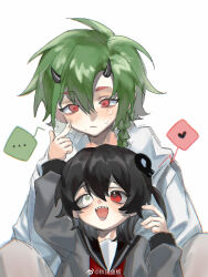 ... 1boy 1girl absurdres aoi_(aoi_(cariiiie)) aoi_(cariiiie) black_hair black_horns black_sailor_collar blush braid cheek_poking chinese_commentary commentary_request green-haired_boy_(aoi_(cariiiie)) green_hair grey_pants grey_shirt hair_between_eyes heart heterochromia highres horns medium_hair mole mole_on_cheek mole_under_eye multiple_moles open_mouth original pants poking red_eyes sailor_collar sailor_shirt sharp_teeth shirt side_braid simple_background single_braid smile speech_bubble spoken_ellipsis spoken_heart sweat teeth weibo_watermark white_background white_eyes white_shirt