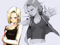 Rule 34 | 1girl, android, android 18, blonde hair, blood, blush, breasts, cleavage, collar, dragon ball, dragonball z, earrings, jacket, jewelry, necklace, purple eyes, short hair, standing, torn clothes