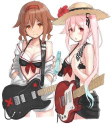 Rule 34 | 2girls, bikini, black bikini, blue hair, braid, breasts, brown eyes, brown hair, cleavage, cowboy shot, electric guitar, gradient hair, guitar, hairband, hands in pockets, harusame (kancolle), hat, hayashi naoharu, instrument, jacket, kantai collection, looking at viewer, low twintails, medium breasts, multicolored hair, multiple girls, pink hair, red eyes, red hairband, shiratsuyu (kancolle), short hair, side ponytail, simple background, straw hat, swimsuit, twin braids, twintails, white background, white jacket