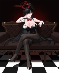 Rule 34 | 1girl, animal ears, black footwear, black hair, black leotard, black nails, black pantyhose, blue archive, bow, bowtie, breasts, bright pupils, cleavage, couch, crossed legs, ddog, fake animal ears, finger to mouth, hair ornament, hairclip, halo, high heels, highres, huge breasts, leotard, long hair, on couch, pantyhose, playboy bunny, red bow, red bowtie, red eyes, red lips, rio (blue archive), shoes, sitting, solo, very long hair, white pupils, wrist cuffs