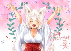 Rule 34 | 1girl, ^ ^, animal ear fluff, animal ears, arms up, blush, breasts, cleavage, closed eyes, confetti, eyebrows, closed eyes, fang, fox ears, japanese clothes, kohaku (yua), large breasts, miko, open mouth, original, skirt, smile, solo, thick eyebrows, white hair, yua (checkmate)