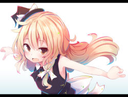 Rule 34 | 1girl, adapted costume, bad id, bad pixiv id, bare arms, beni shake, black dress, blonde hair, braid, brown eyes, dress, fang, hat, kirisame marisa, letterboxed, long hair, looking at viewer, mini hat, mini witch hat, open mouth, outstretched arms, sash, single braid, sleeveless, sleeveless dress, smile, solo, touhou, witch hat