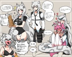Rule 34 | 1boy, 3girls, :d, ^ ^, absurdres, anger vein, animal ear fluff, animal ears, arknights, black bra, black cape, black gloves, black pants, black shirt, blue jacket, blush, bra, braid, breasts, brother and sister, cameltoe, cape, cleavage, cliffheart (arknights), closed eyes, collared shirt, cookie, cup, fang, fangs, food, fox ears, fox girl, fox tail, full-face blush, gloves, grey background, grey hair, hair between eyes, hair ornament, hair ribbon, headpat, heart, highres, holding, holding stuffed toy, holding tray, jacket, kjerag logo, knees up, leopard boy, leopard ears, leopard girl, leopard tail, long hair, manggapaegtoli, medium breasts, medium hair, morte (arknights), mug, multiple girls, open clothes, open jacket, open mouth, orange jacket, panties, pants, pantyhose, petting, pink eyes, pink hair, pink ribbon, ponytail, pramanix (arknights), ribbon, shamare (arknights), shirt, short sleeves, short twintails, shouting, siblings, side braids, silverash (arknights), silverash (elite ii) (arknights), simple background, sisters, sitting, skanehfdl33, skull hair ornament, smile, speech bubble, stuffed toy, sweat, t-shirt, tail, tearing up, tiara, translated, tray, twintails, two-sided fabric, two-sided jacket, underwear, v-shaped eyebrows, very long hair, white legwear, white panties, white shirt
