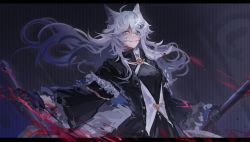 Rule 34 | 1girl, :d, absurdres, animal ears, arknights, black coat, black dress, black gloves, blood, blood on face, blue eyes, cache (kajixiansheng308), coat, dress, dual wielding, fur-trimmed coat, fur trim, gloves, grey hair, grin, highres, holding, holding sword, holding weapon, lappland (arknights), lappland (refined horrormare) (arknights), long hair, long sleeves, looking at viewer, official alternate costume, open mouth, parted lips, scar, scar across eye, scar on face, sharp teeth, smile, solo, sword, teeth, unbuttoned, upper body, very long hair, weapon, wide sleeves, wolf ears