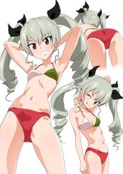 Rule 34 | 10s, 1girl, ;p, anchovy (girls und panzer), arm at side, arm behind back, arms behind head, arms up, ass, bad id, bad twitter id, bare arms, bare shoulders, bent over, bikini, black ribbon, breasts, brown eyes, drill hair, female focus, gin&#039;you haru, girls und panzer, green hair, grin, hair ribbon, highres, inactive account, italian flag bikini, long hair, looking at viewer, multiple views, navel, one eye closed, ribbon, shiny skin, simple background, small breasts, smile, stomach, swimsuit, tongue, tongue out, twin drills, white background