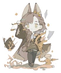 Rule 34 | 1girl, animal ears, arknights, arm up, balance scale, black thighhighs, book, brown coat, brown hair, chibi, cloudless923, coat, extra ears, flail, full body, hammer, highres, holding scale, long hair, long sleeves, open book, open clothes, open coat, penance (arknights), simple background, solo, standing, tail, thighhighs, very long hair, weapon, weighing scale, white background, wolf ears, wolf girl, wolf tail, yellow eyes