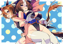 Rule 34 | 2girls, alternate costume, animal ears, artist name, back-to-back, black leotard, blue vest, blush, breasts, brown hair, cape, commentary request, covered navel, crown, ears down, epaulettes, gloves, groin, hair between eyes, horse ears, horse girl, horse tail, jewelry, large breasts, leotard, locked arms, looking at viewer, meisho doto (umamusume), mini crown, multicolored hair, multiple girls, open mouth, purple eyes, ring, short hair, small breasts, smile, t.m. opera o (umamusume), tail, tearing up, thighhighs, two-tone hair, umamusume, vest, wavy mouth, white gloves, white thighhighs, zest (lossol)