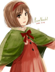 Rule 34 | 1girl, :d, aida yuu, bob cut, bow, brown eyes, brown hair, capelet, christmas, commentary request, dated, dress, green capelet, gunslinger girl, hairband, henrietta (gunslinger girl), italian text, looking at viewer, open mouth, parted bangs, pom pom (clothes), red bow, red dress, red hairband, short hair, simple background, sketch, smile, solo, teeth, upper body, upper teeth only, white background