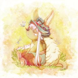 Rule 34 | 1other, absurdres, animal ears, arms between legs, blue pants, brown background, brown fur, bug, closed eyes, closed mouth, commentary request, creature, from side, full body, furry, grey hair, helmet, highres, made in abyss, nanachi (made in abyss), neritantan, nina (maurururoa), other focus, pants, puffy pants, red pants, short hair with long locks, sidelocks, sitting, solo, tail, topless, two-tone pants, v arms, whiskers