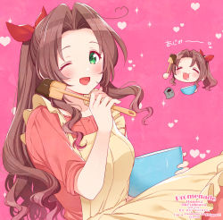 Rule 34 | 1girl, aerith gainsborough, apron, bowl, brown hair, chibi, chocolate, female focus, final fantasy, final fantasy vii, final fantasy vii remake, green eyes, highres, krudears, one eye closed, open mouth, pink background, sleeves rolled up, solo, spatula, square enix, wavy hair, wink