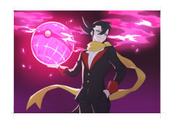 Rule 34 | 1boy, black hair, black jacket, border, buttons, closed mouth, commentary request, creatures (company), dynamax ball, game freak, grimsley (pokemon), hair between eyes, hand in pocket, holding, holding poke ball, jacket, long sleeves, male focus, mongguri, nintendo, pants, pointy hair, poke ball, pokemon, pokemon bw, scarf, shirt, smile, solo, tailcoat, white border, white shirt, yellow scarf