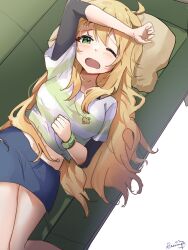 Rule 34 | 1girl, absurdres, ahoge, arm up, blonde hair, blue skirt, blush, breasts, clenched hand, couch, dot nose, from above, green eyes, highres, hoshii miki, idolmaster, idolmaster (classic), idolmaster million live!, idolmaster million live! theater days, long hair, looking at viewer, lying, medium breasts, navel, nnnn, on back, on couch, one eye closed, open mouth, pencil skirt, pillow, shirt, short sleeves, signature, skirt, sleepy, solo, striped clothes, striped shirt, two-tone shirt, wavy mouth