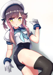 Rule 34 | 1girl, aqua neckwear, black thighhighs, blue sailor collar, blush, comala (komma la), gloves, gradient hair, hair ornament, hair ribbon, hat, highres, kantai collection, multicolored hair, one-piece swimsuit, open mouth, pink hair, purple hair, ribbon, sailor collar, shadow, short sleeves, sidelocks, simple background, solo, swimsuit, swimsuit under clothes, thighhighs, tsushima (kancolle), white background, white gloves, white hat, yellow eyes