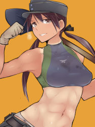 Rule 34 | 1girl, abs, belt, brown eyes, brown hair, em (totsuzen no hakike), female focus, flexing, gertrud barkhorn, gloves, hat, long hair, looking at viewer, muscular, navel, shovel, smile, solo, strike witches, sweat, tan, tanline, toned, twintails, worktool, world witches series